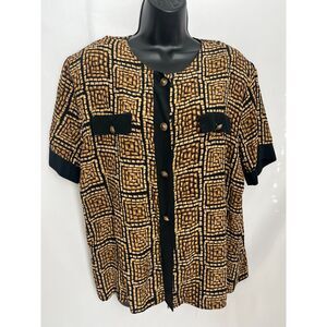 Vintage Fiji Sport 100% Silk Blouse Gold Black Geometric Print Size L Retro Cute